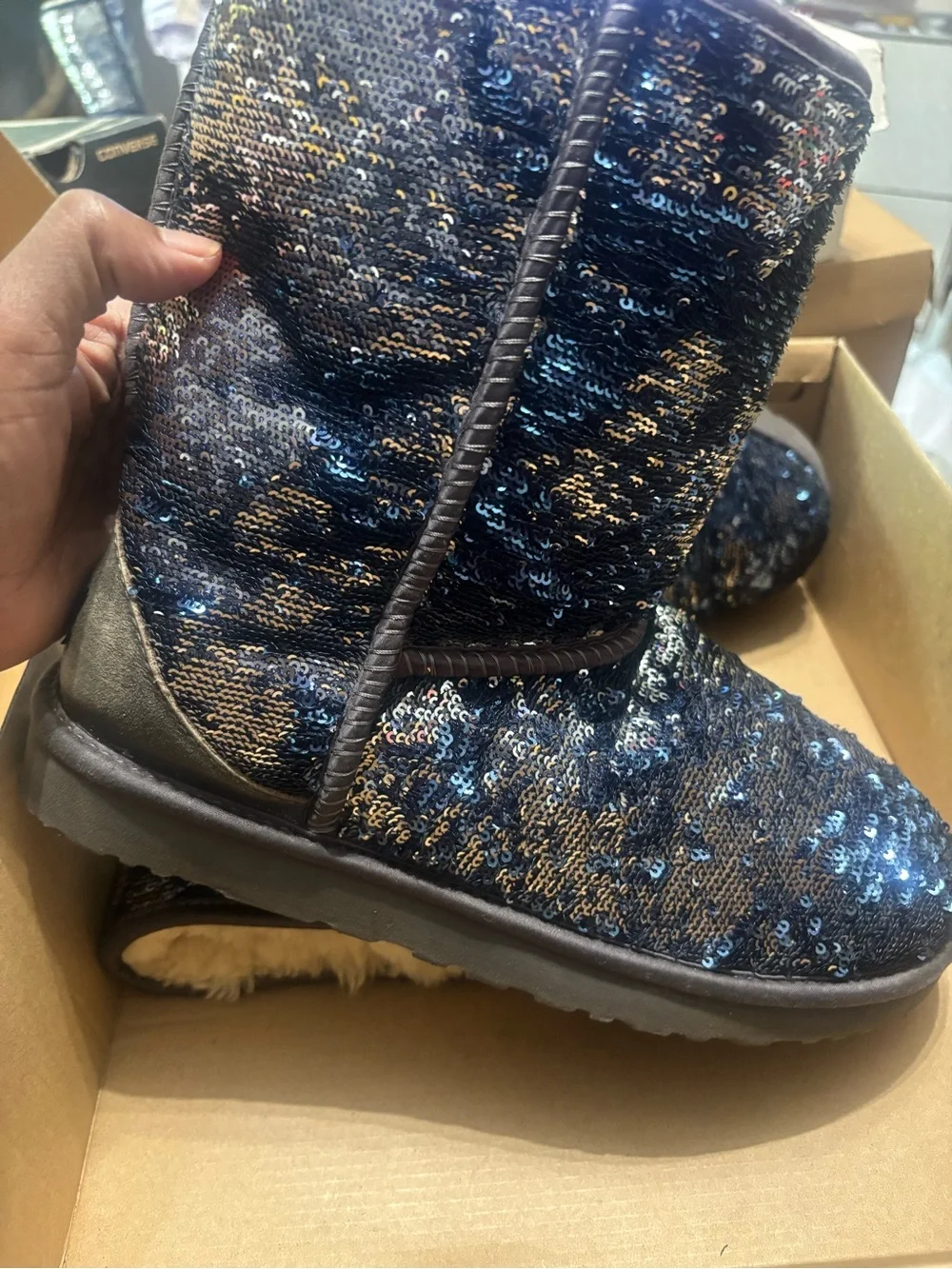UGG Sequin Quilted Booties in Navy and Silver